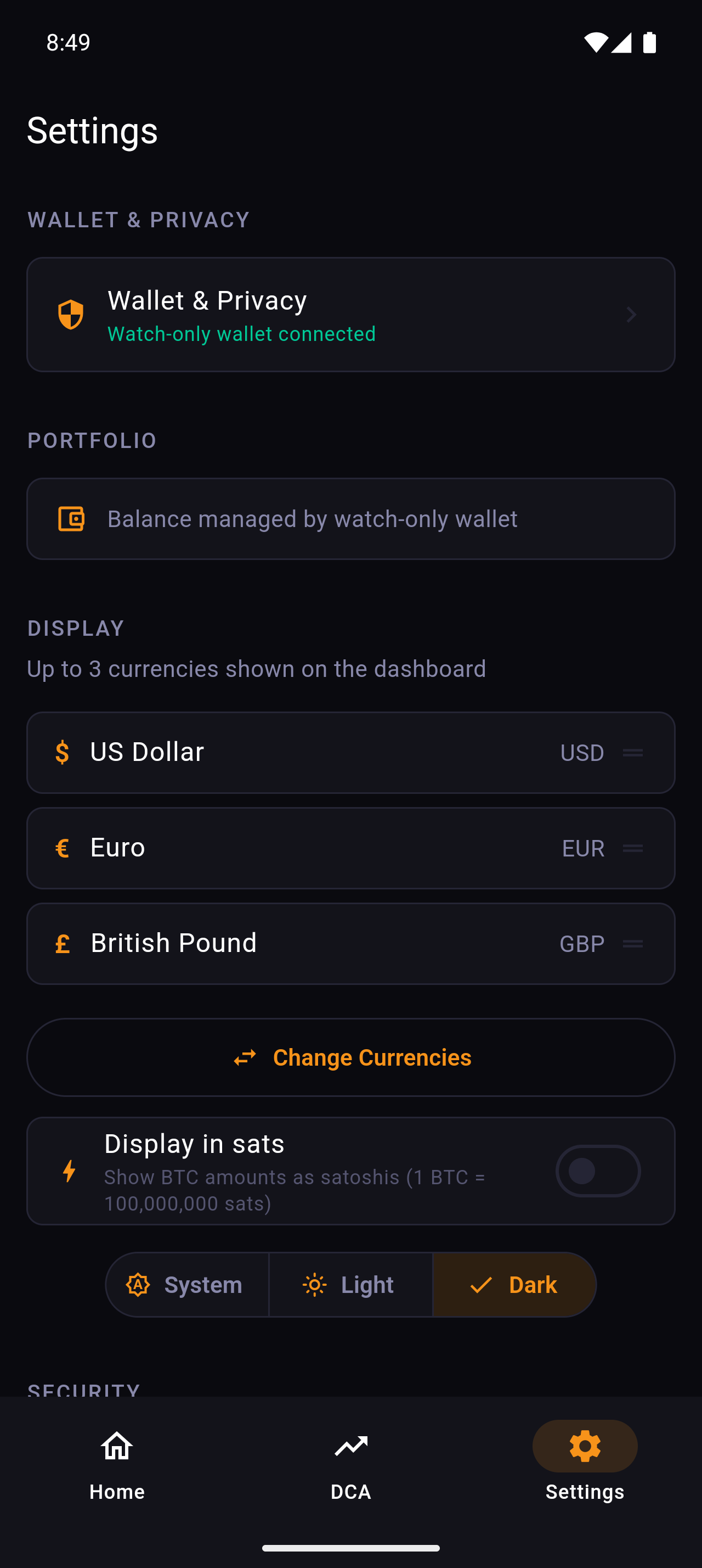 Bag Settings screen with the Wallet & Privacy entry at the top and three display currencies