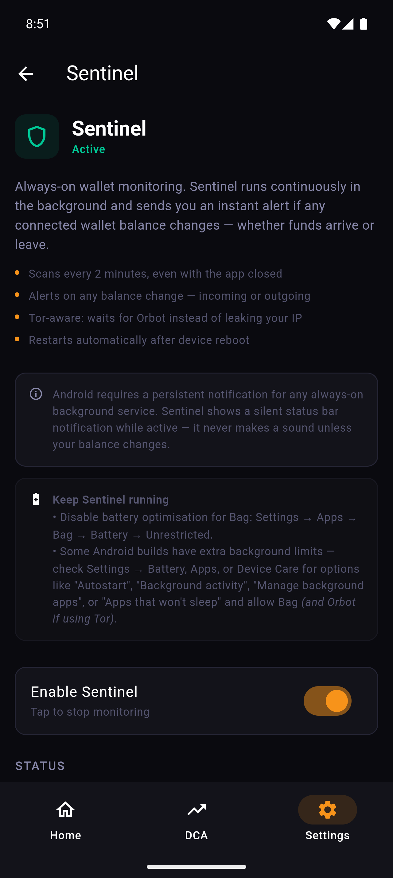 ₿ag Sentinel — always-on background wallet monitoring with instant balance change alerts