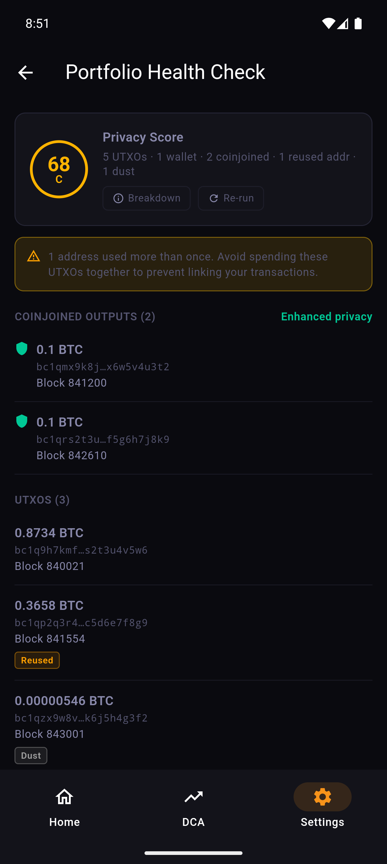 ₿ag Portfolio Health Check — UTXO list with coinjoined outputs and reused address warning