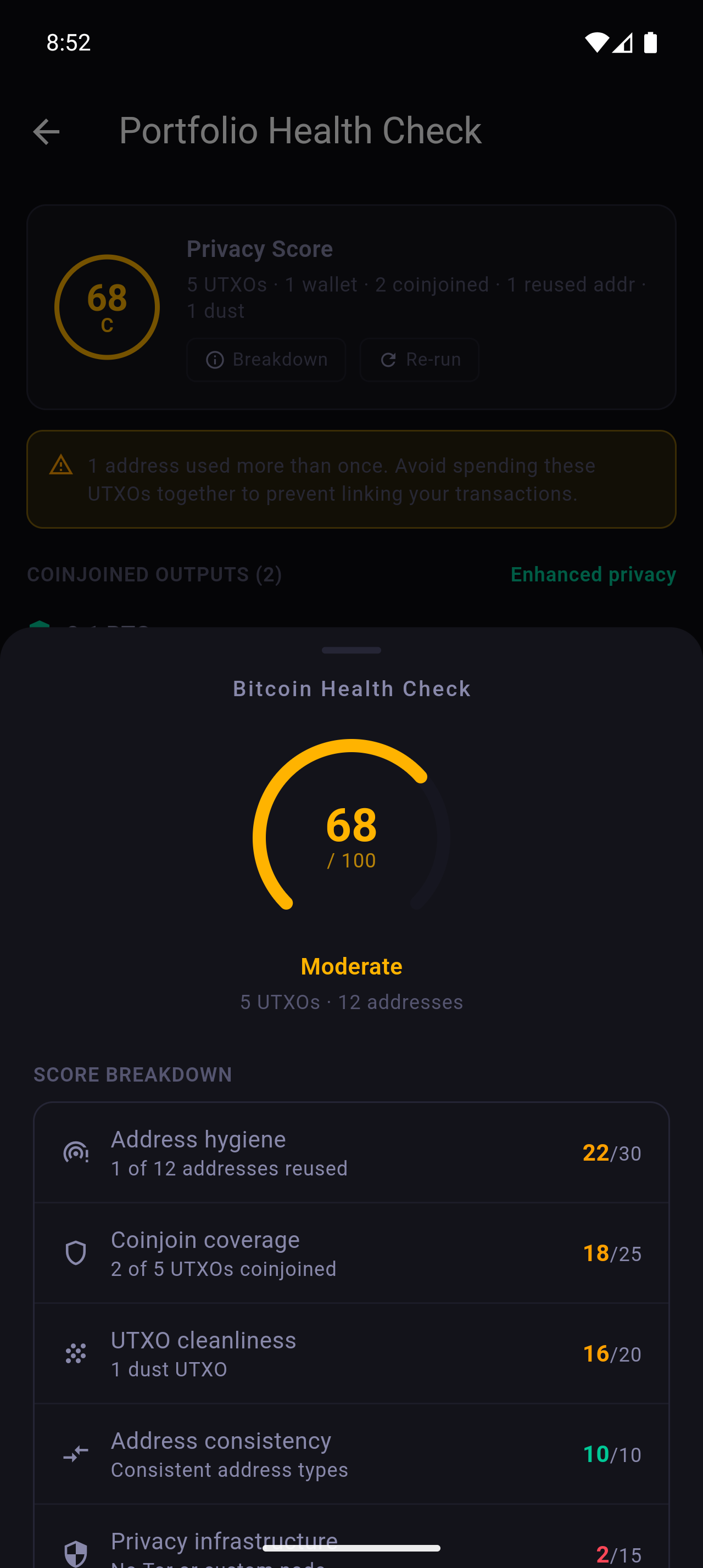 ₿ag Bitcoin Health Check — score breakdown showing address hygiene, coinjoin coverage, and UTXO cleanliness