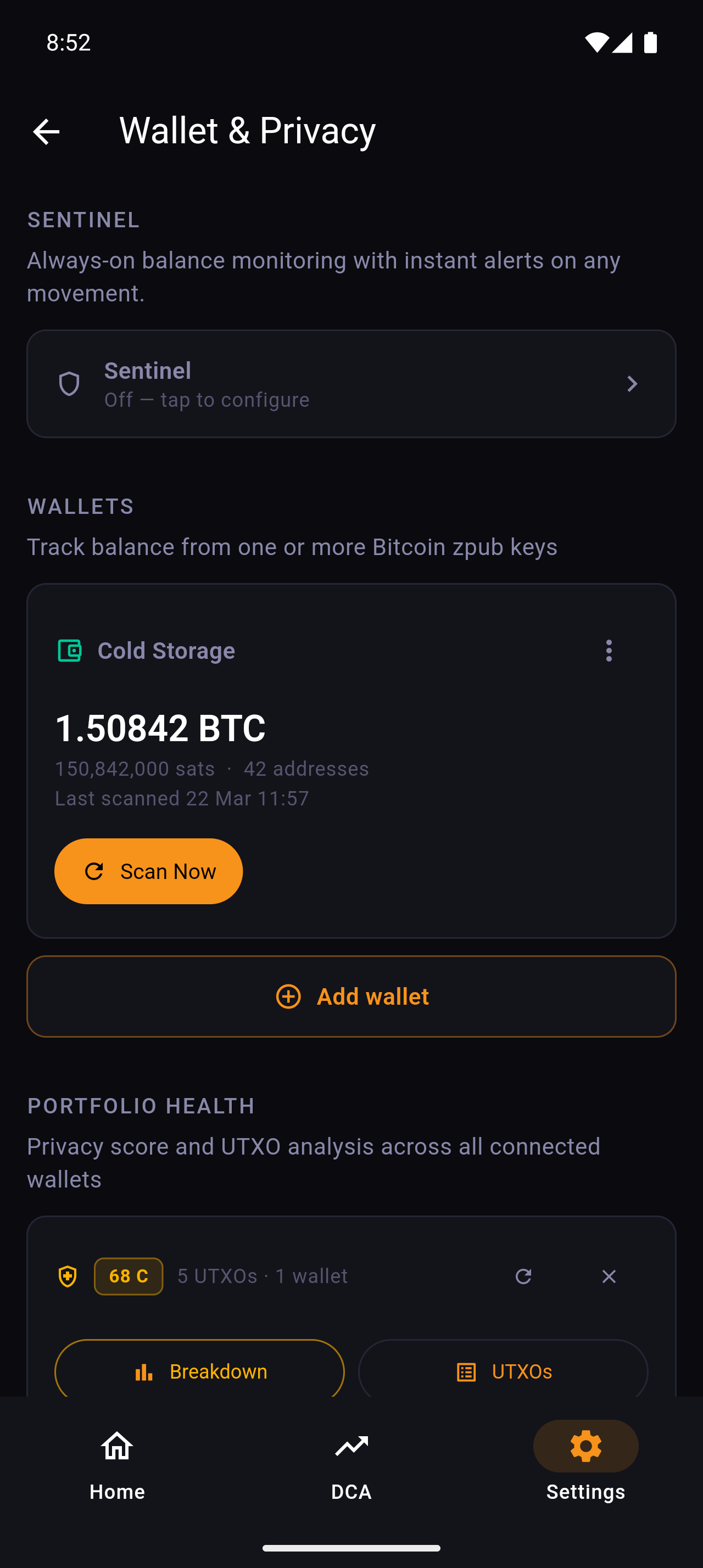 ₿ag Wallet & Privacy — Cold Storage watch-only wallet with 1.50842 BTC balance